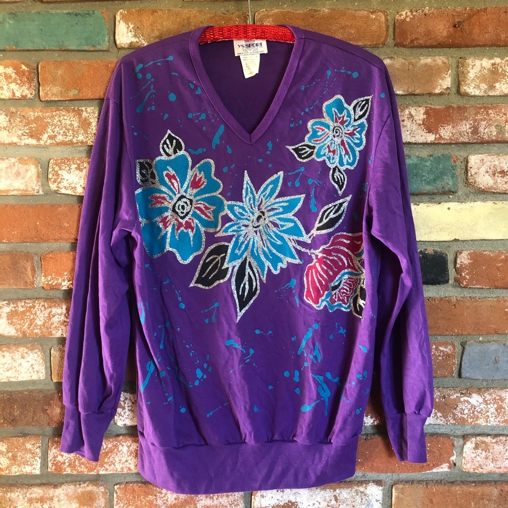 Vintage 1990s Funky Bright Floral Painted Shimmer Sweater by YS Sport - Picture 1 of 4